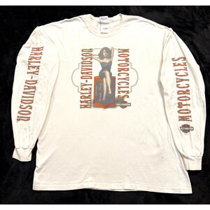 Harley Davidson Shirt Mens Large Long Sleeve Pinup Graphic Biker 2008 Y2K